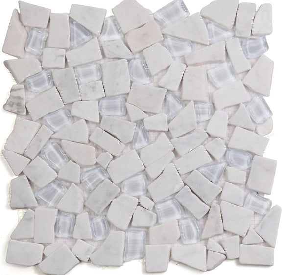 Carrara Marble & Glossy Glass Moasic Tile, Flooring Floors Walls, Carrara White