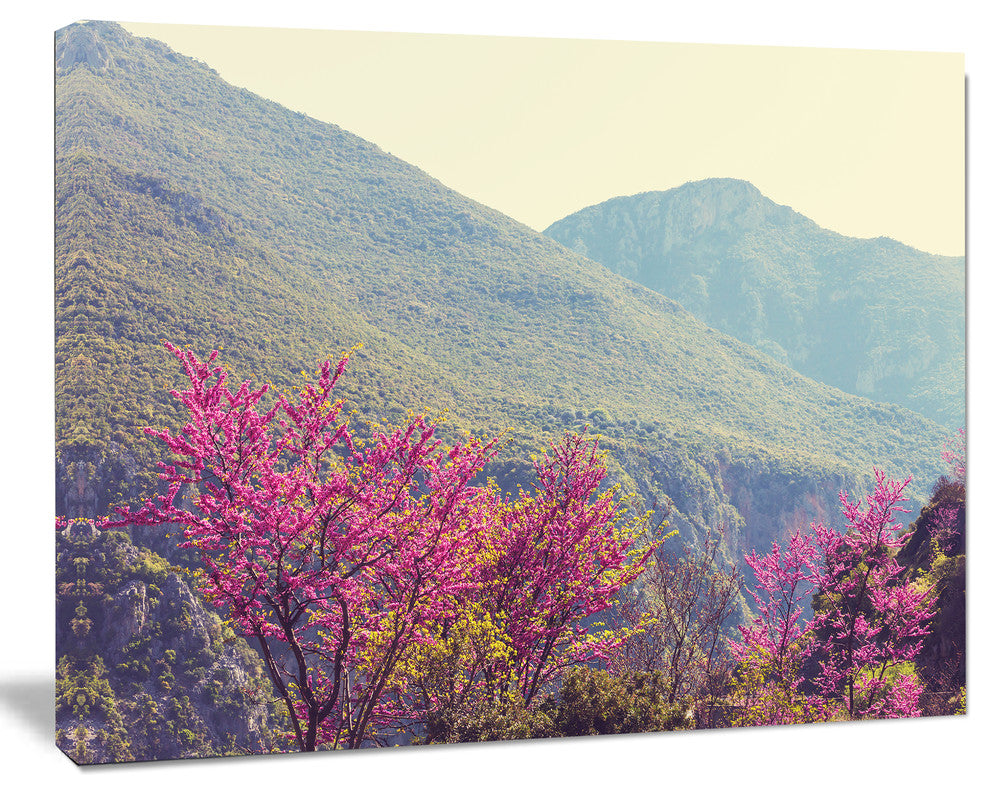 Pink Blossoming Flowers in Mountains, Floral Canvas Art Print, 60"x28"