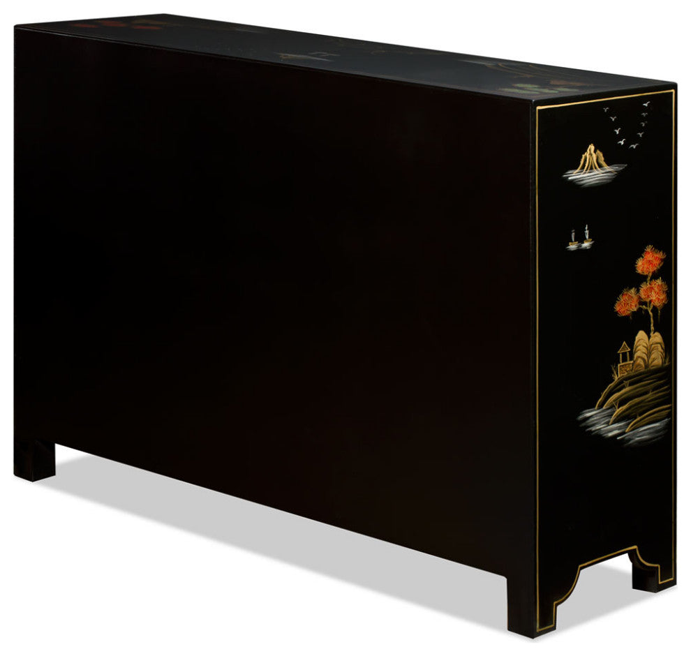 Black Lacquer Chinoiserie Scenery Motif Oriental Sideboard