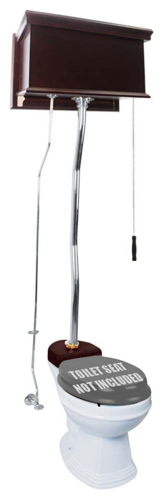 High Tank Toilets White Flat Panel Cherry Finish Round Z-Pipe, White, Chrome, Dark Oak