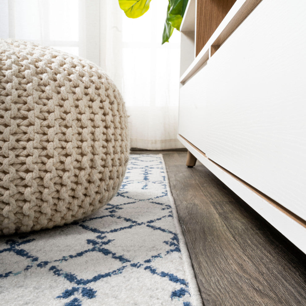 Moroccan HYPE Boho Vintage Diamond Runner Rug, Cream/Navy, 2 X 8