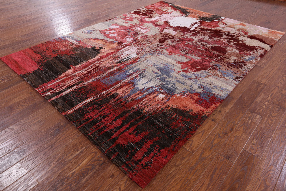 7' 9" X 10' 4" Abstract Hand Knotted Wool and Silk Rug Q8786