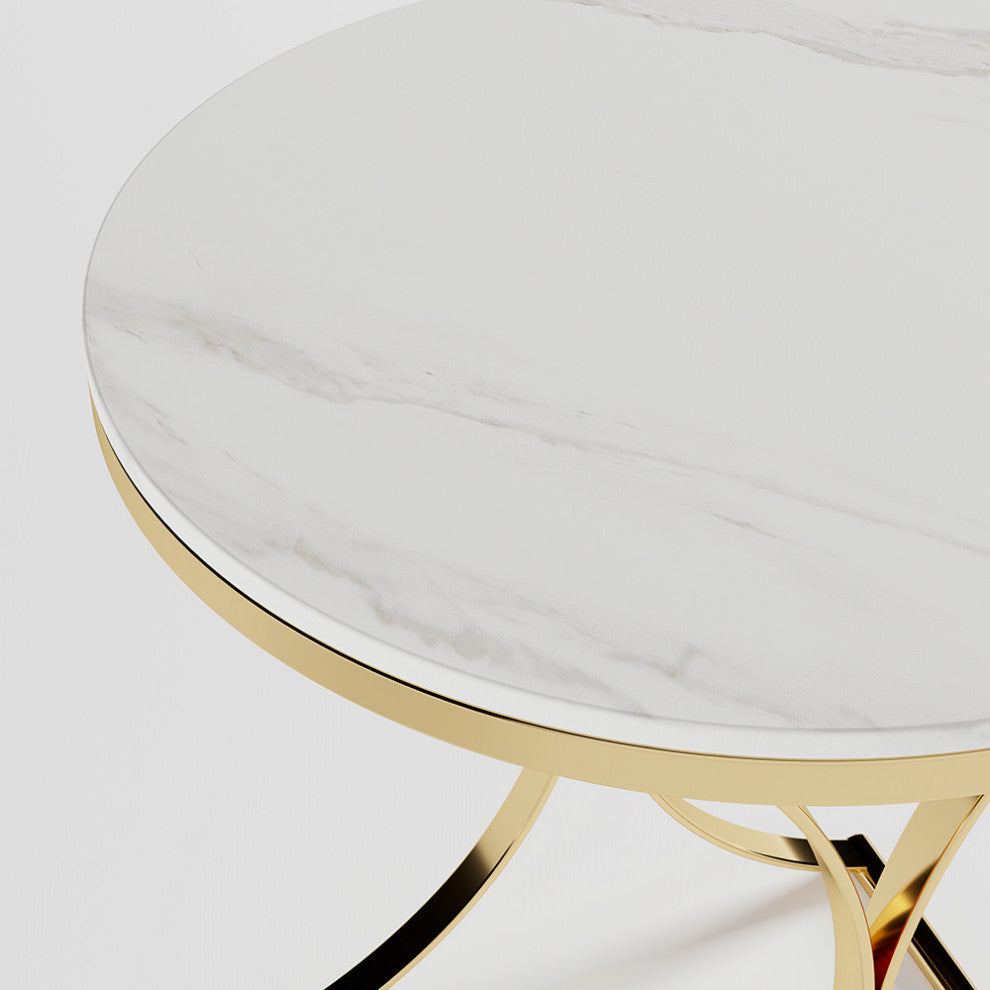 Modern Luxurious Round White Marble Stone Side Table X-Base End Table, White