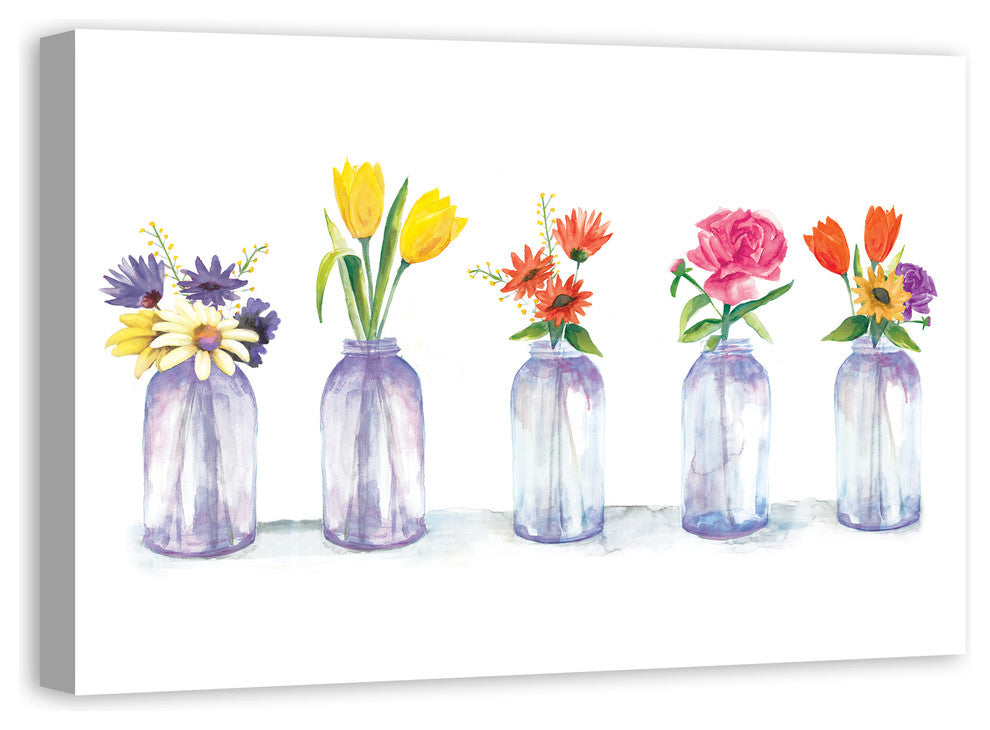 Painted Flowers in Glass Jars Print 24x36 Canvas Wall Art