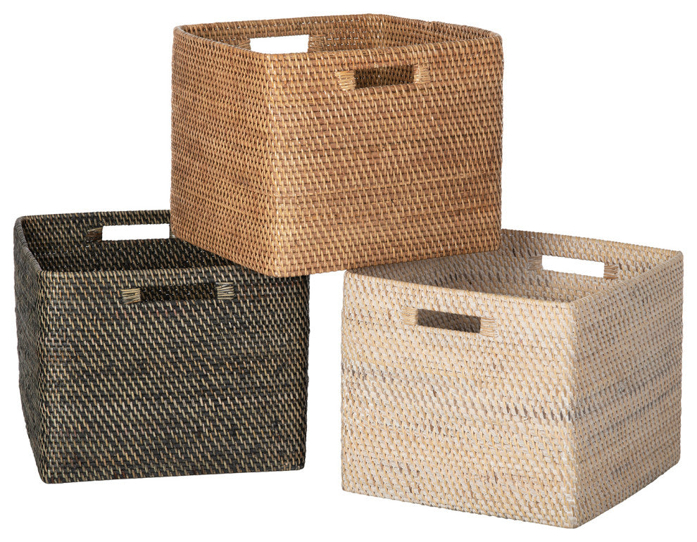 Loma Decorative Square Rattan Storage Basket With Handles, Honey-Brown, Latte