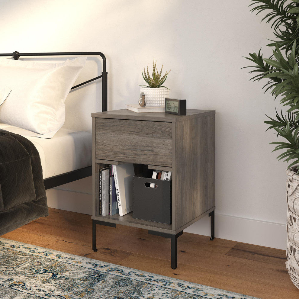 Modern Nightstand, Bottom Open Shelf & Drawer With Cut Out Pull, Weathered Oak
