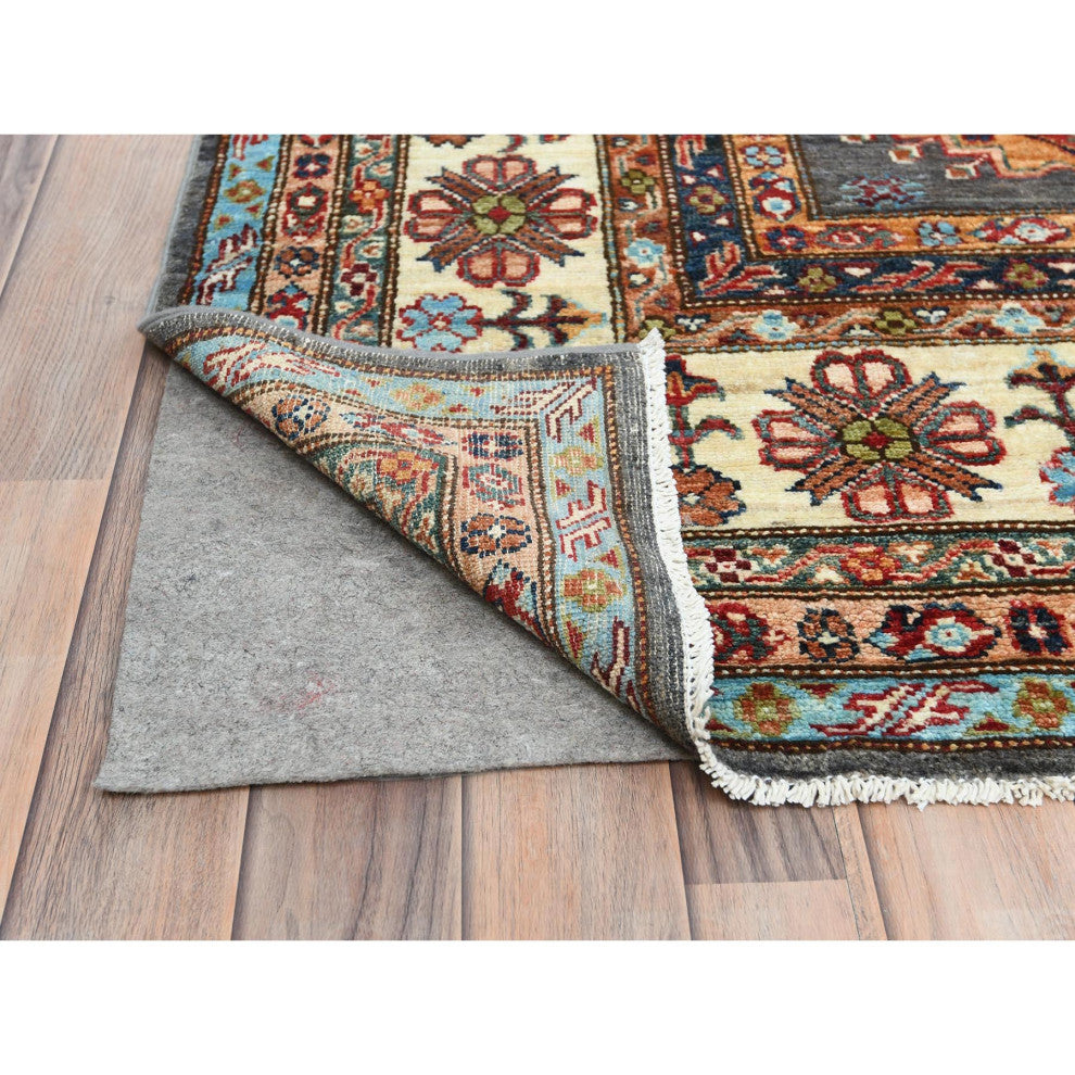 Stone Gray, Extra Soft Wool, Hand Knotted Afghan Super Kazak Rug, 10'3"x13'10"