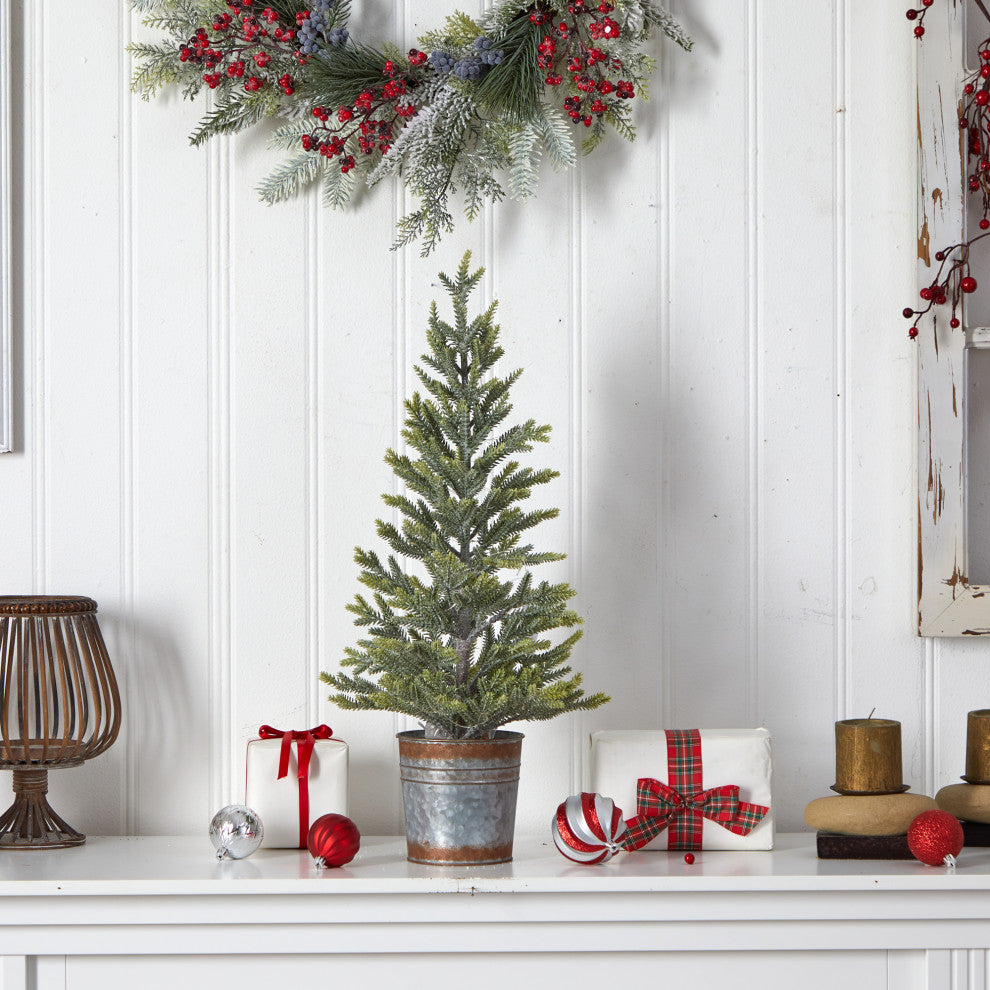 26" Pine Natural Look Faux Xmas Tree W/ 35 White Lights, Rustic Metal Planter