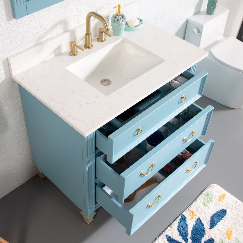 36 In Bathroom Vanity Set with Quartz Top, 32 In Mirror, cUPC Certified Sink, Classic Blue
