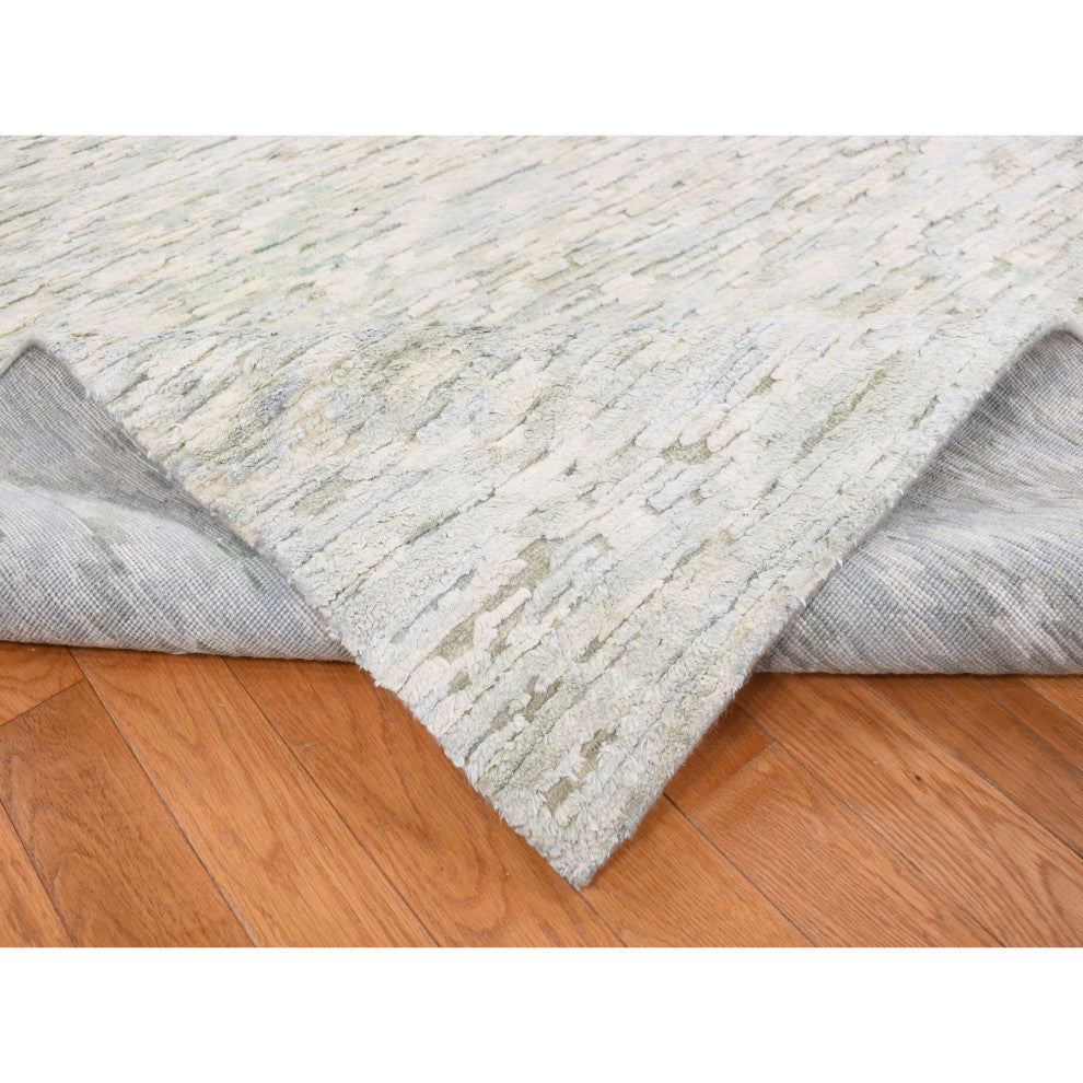 Ivory Pure Silk With Textured Wool Fluffy Collection Hand Knotted Rug 9'10"x14'