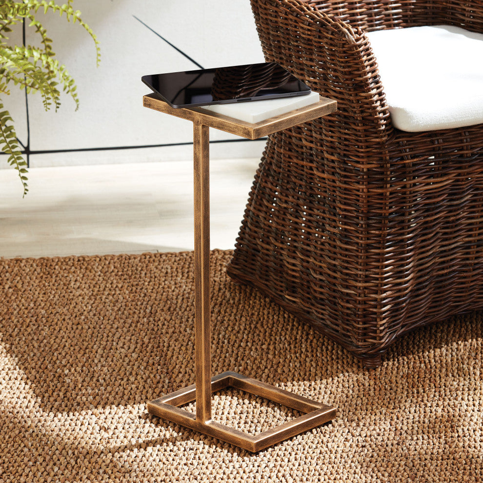 Petite Minimalist Bronze White Accent Table Cantilever Pull Up Marble Metal Gold