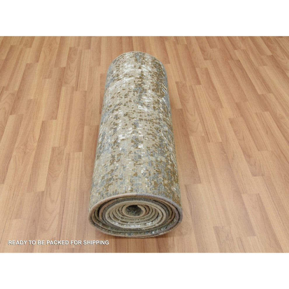 Ash Gray, Hand Knotted Abstract Design, Pure Wool XL Runner Rug, 2'6"x20'3"