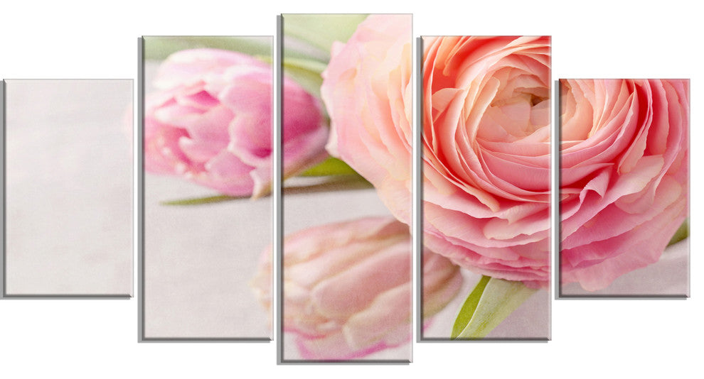 Full Bloom and Blooming Flowers, Large Floral Canvas Print, 60"x32", 5 Panels