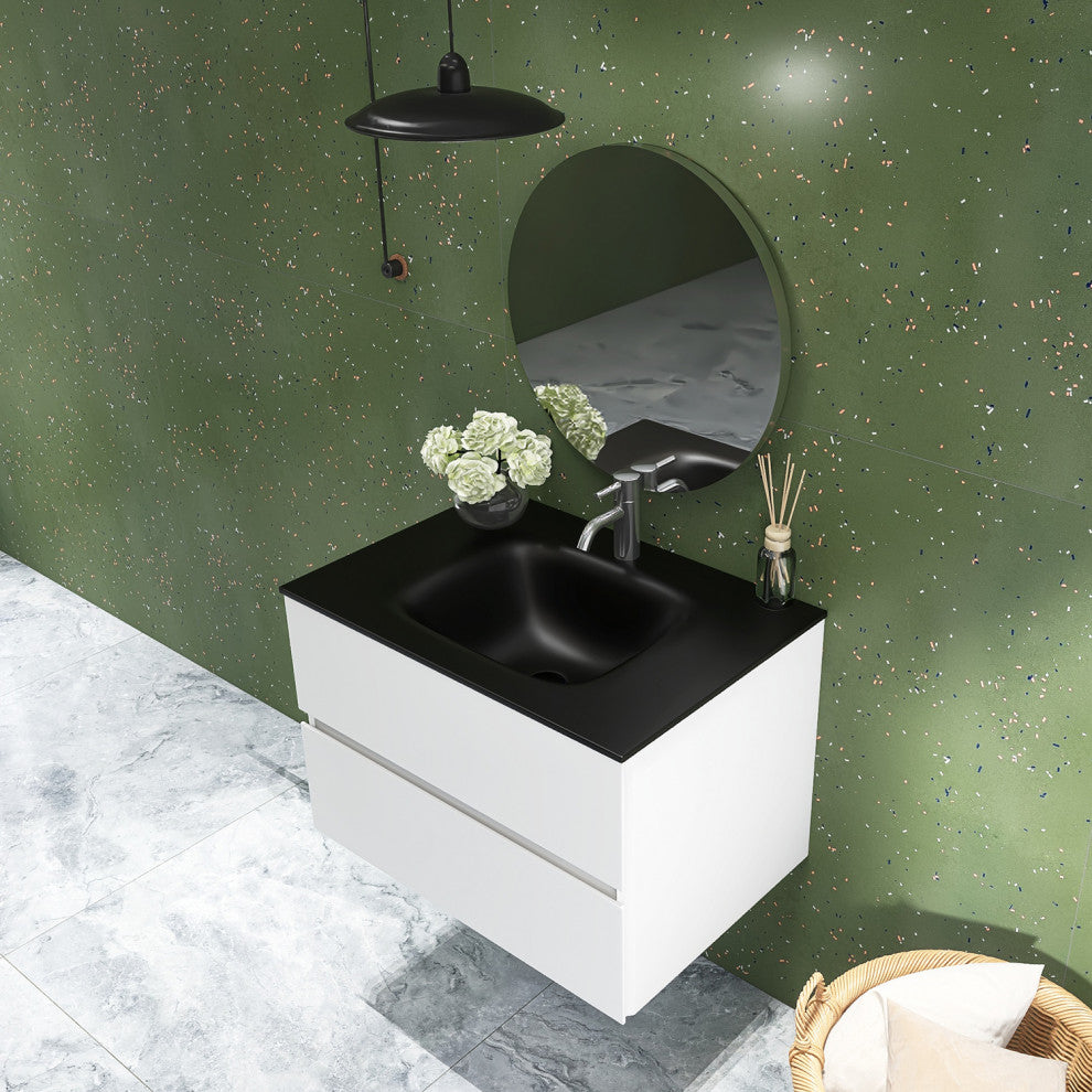 Wall-Mounted Bathroom Vanity Set in White with Black Top and Integrated Sink, 30"