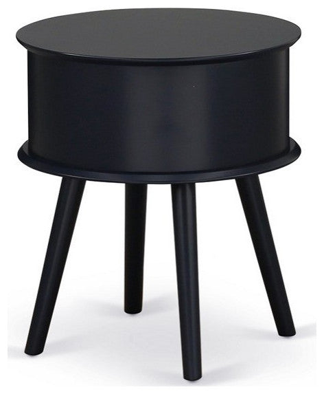 Gordon Round Night Stand End Table With Drawer, Black Finish