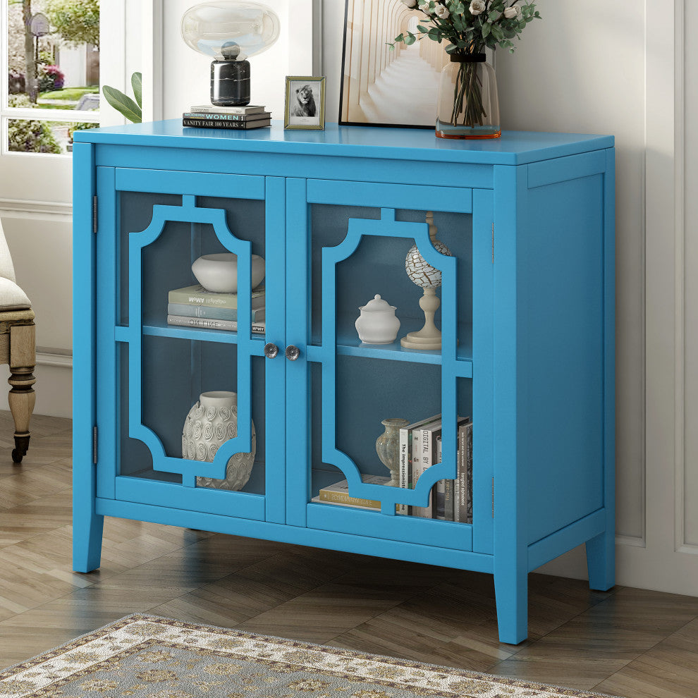 Wood Double Glass Door Accent Cabinet, Blue, 34" X 15"