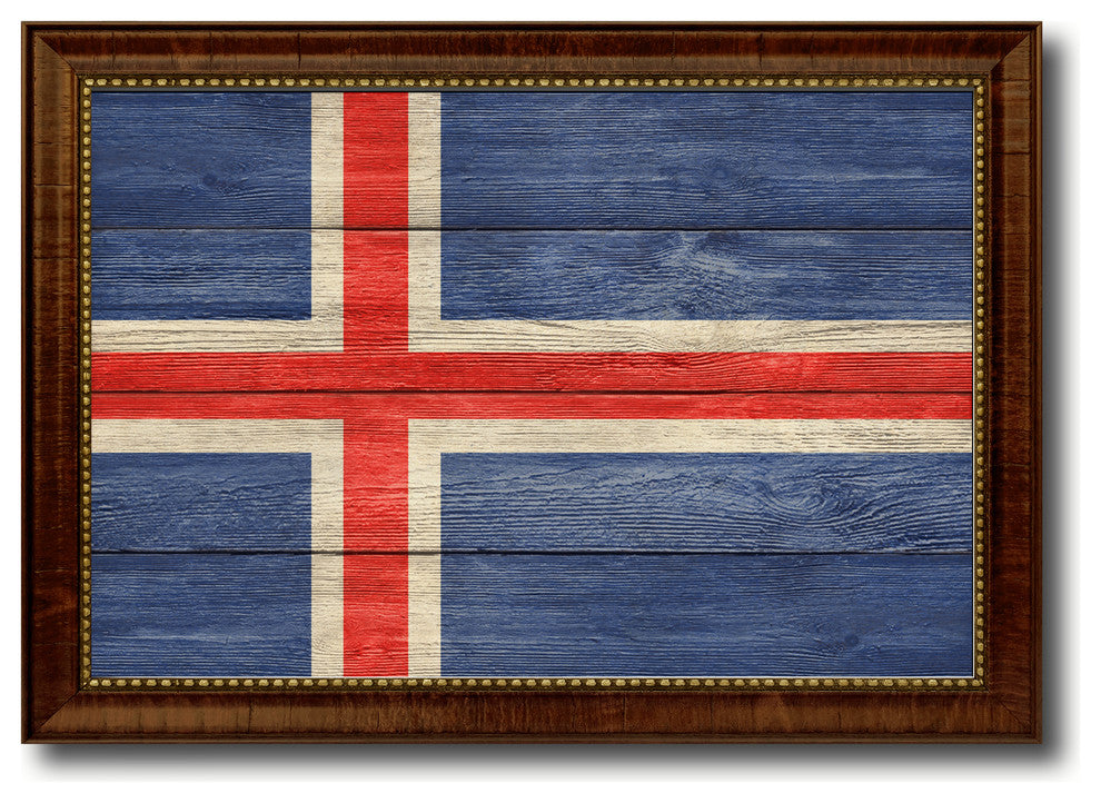 Iceland Country Textured Flag Print With Brown Gold Frame, 15"X21"