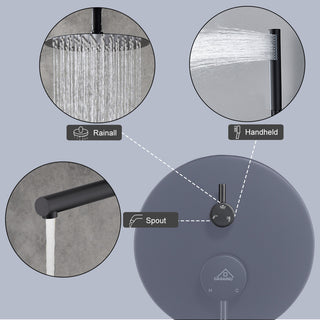 CASAINC 10" Round Wall Mounted Shower System Set Handheld Spray & Bathtub Spout, Matte Black