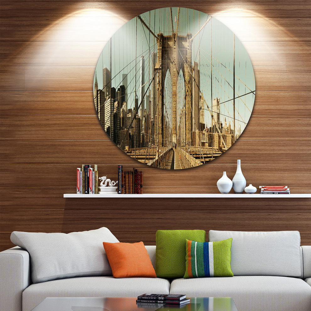 Manhattan Bridge In New York Brown, Cityscape Round Metal Wall Art, 23"