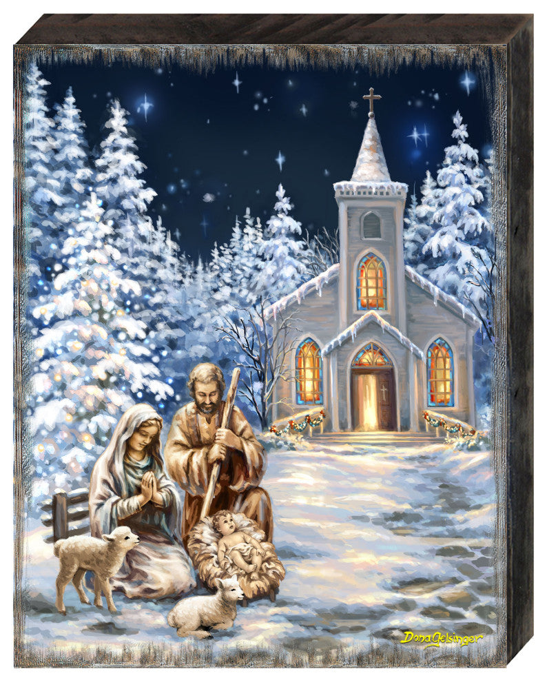 Nativity at the Chapel Night Sky Wooden Wall Art, Large 24x18