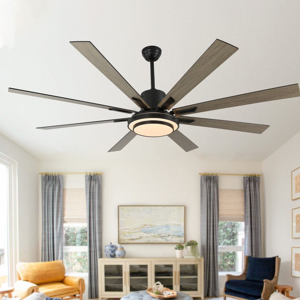72" Modern Ceiling Fan with Reversible Blades, Dimmable Light and Remote, Black, 72"