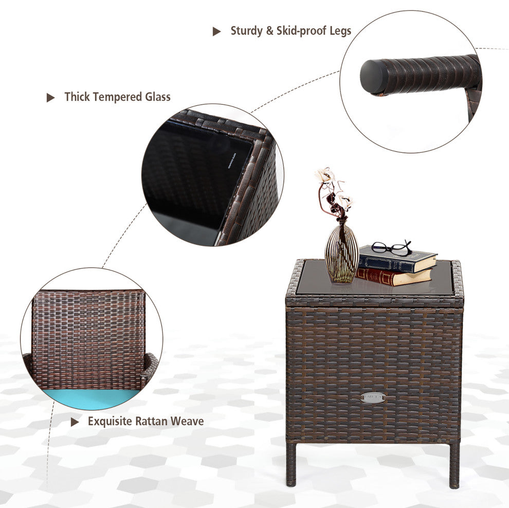 Costway 3PCS Patio Rattan Furniture Set Cushioned Sofa Glass Tabletop Deck Blue