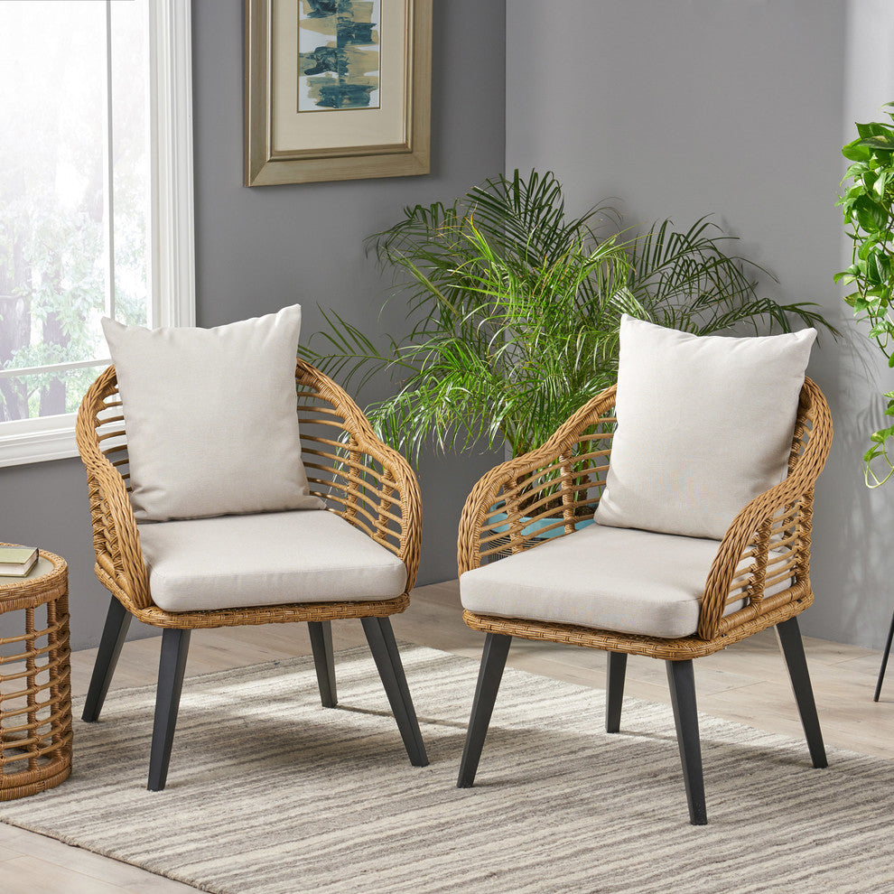 Becky Indoor Wicker Club Chairs with Cushions, Set of 2, Light Brown, Black, Bei
