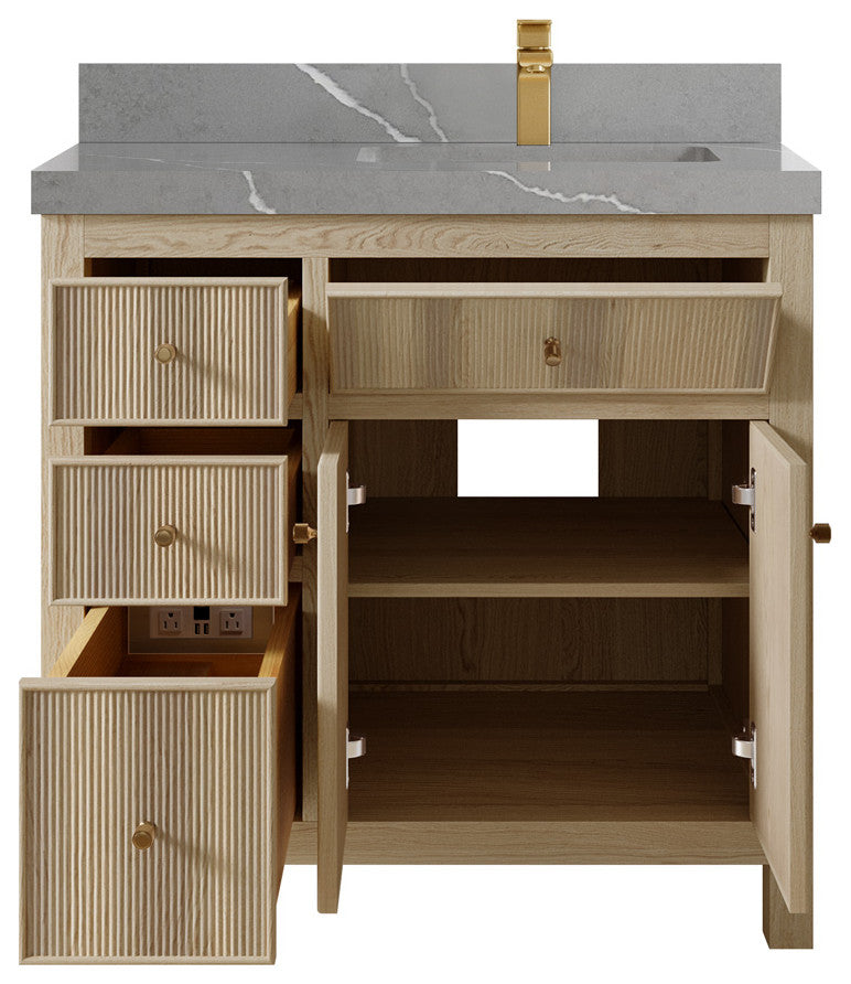 Sonoma Oak 36 Right Offset Bath Vanity with 2" Piatra Gray Quartz