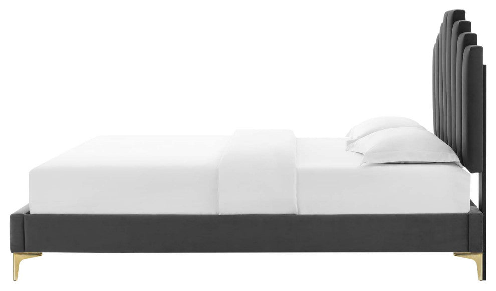 Platform Bed Frame, Full Size, Velvet, Dark Gray, Modern Contemporary