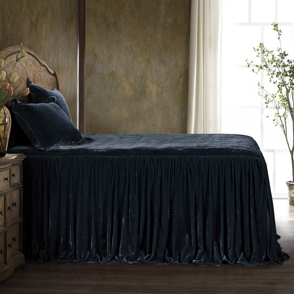 Stella Faux Silk Velvet Bedspread Set, 3PC, Midnight Blue, Twin