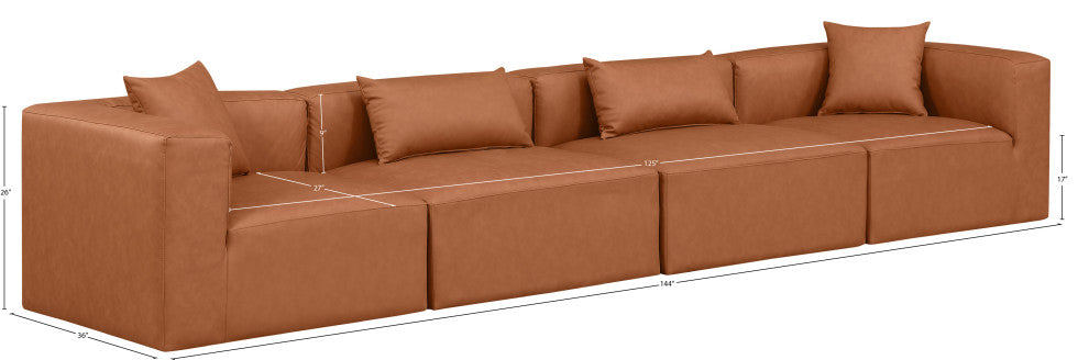 Cube Upholstered Modular Sofa, Cognac, 4-Piece: 2 Armless Chair, 2 Corner Chair, Vegan Leather