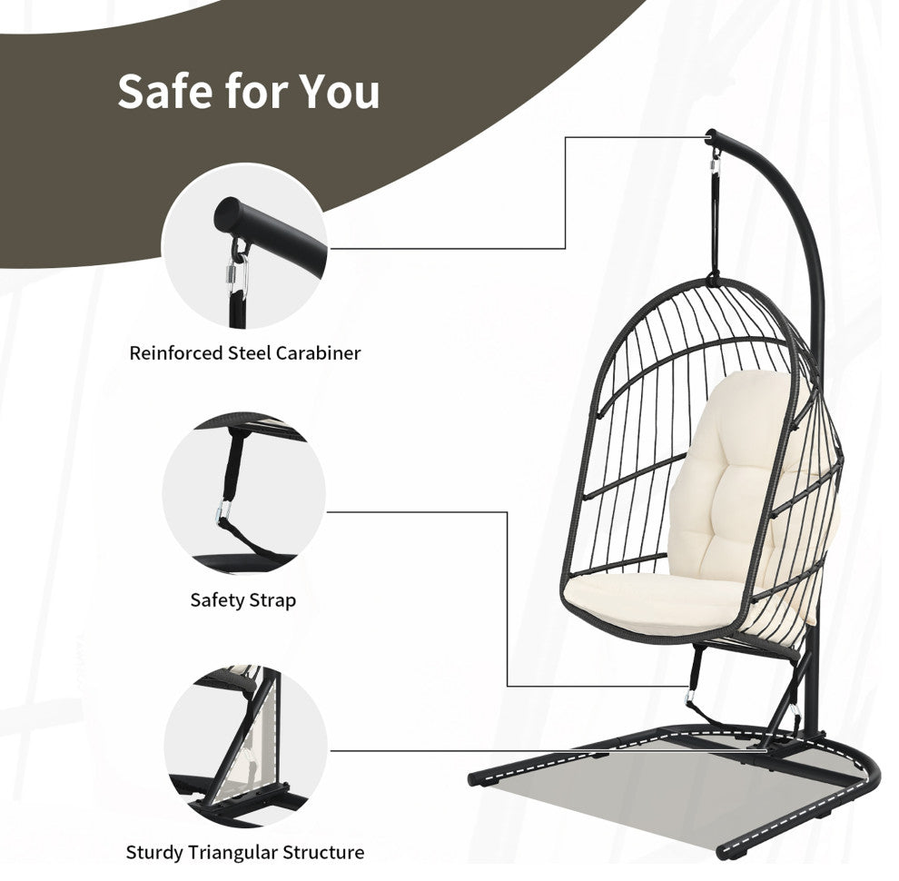 Costway Hanging Wicker Egg Chair w/ Stand Cushion Foldable Outdoor Indoor Beige