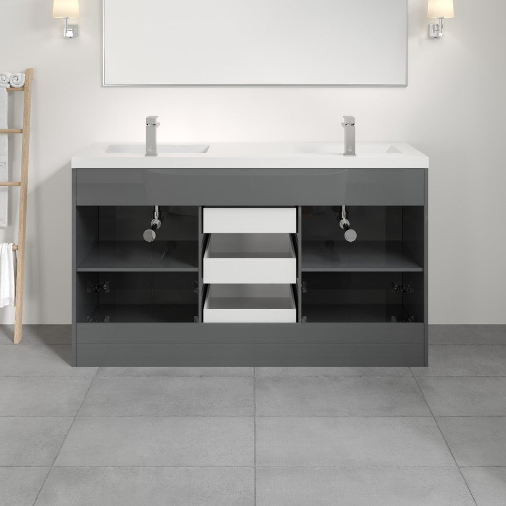 Eviva Lugano 60" Gray Modern Double Sink Bathroom Vanity With White Top