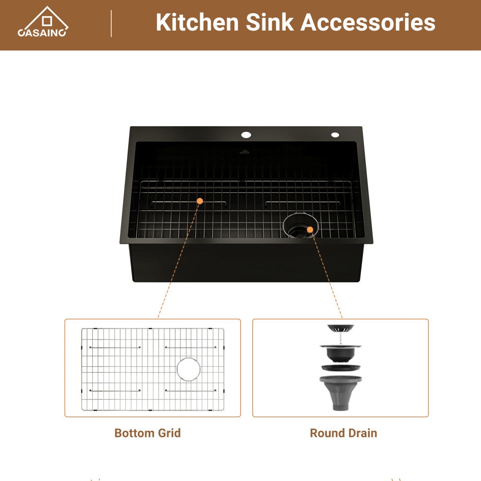 33in Stainless Steel Single Bowl Drop-In Workstation Kitchen Sink with Faucet, Brushed Nickel