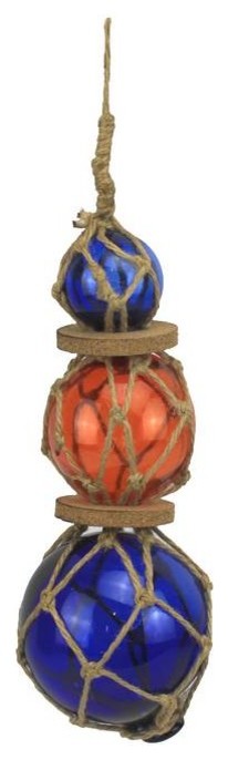 Blue, Orange, Blue Japanese Glass Ball Fishing Floats with Brown Netting