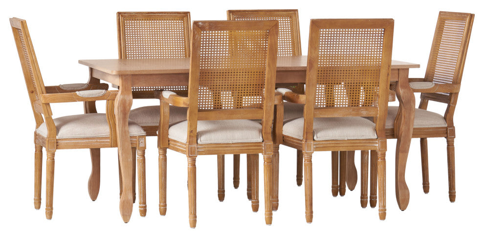 Regan Fabric Upholstered Wood and Cane Expandable 7-Piece Dining Set, Natural Brown/Beige