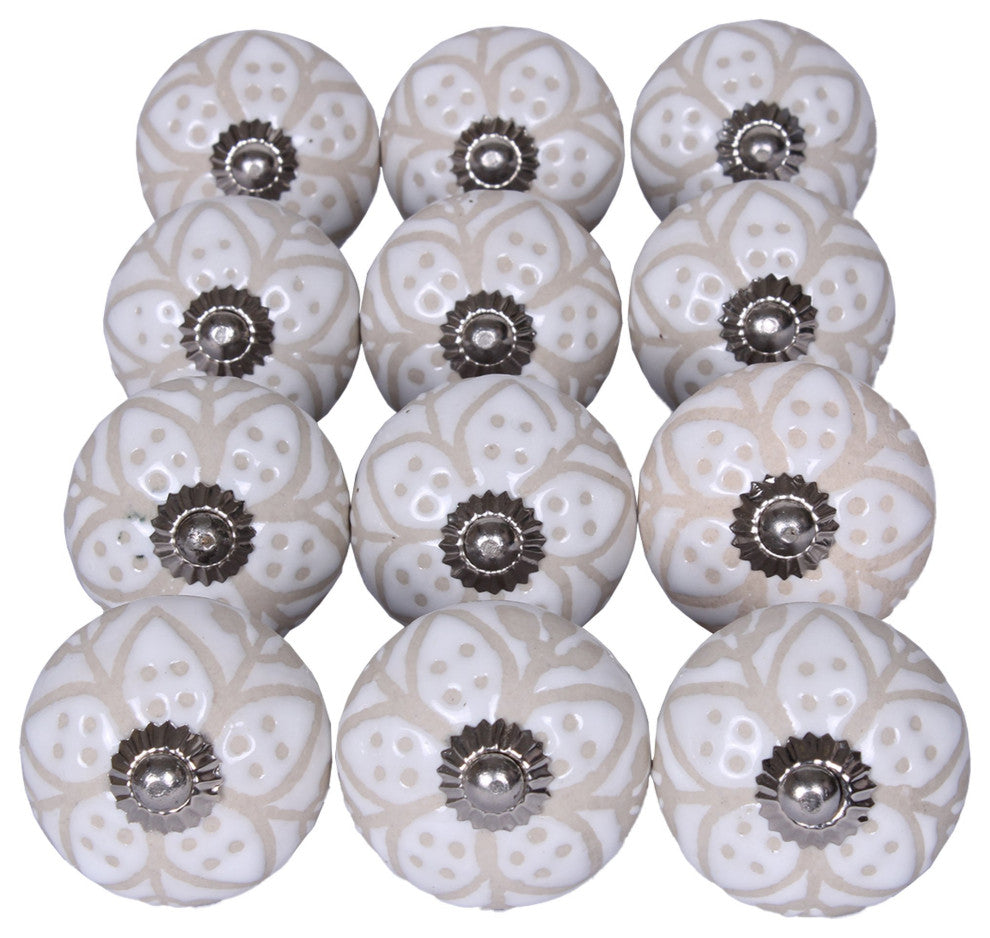 Set of 12 Vintage Beige and White Floral Ceramic Knobs