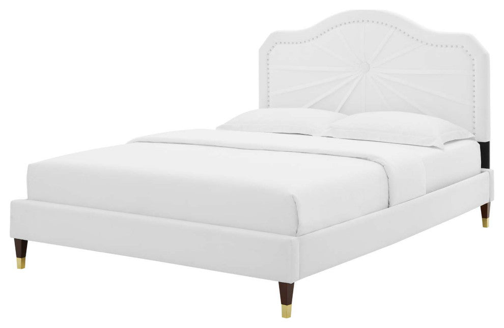 Platform Bed Frame, King Size, Velvet, White, Modern Contemporary, Bedroom