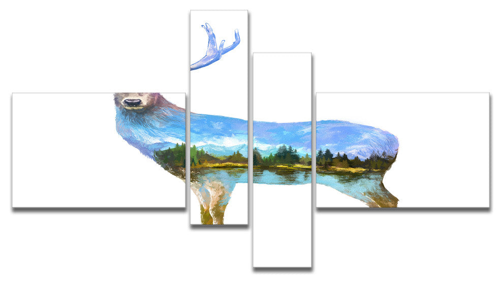Deer Double Exposure Illustration, Large Animal Canvas Print, 60"x32", 4 panels