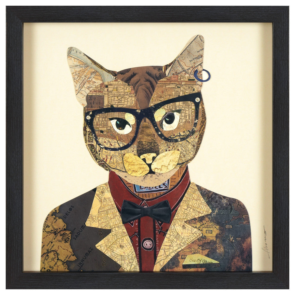 Funky Cat Dimensional Handmade Collage Wall Art Framed Under Glass