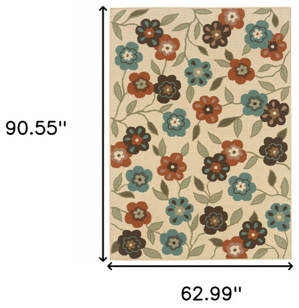 5' x 8' Brown and Ivory Floral Stain Resistant Indoor Outdoor Area Rug