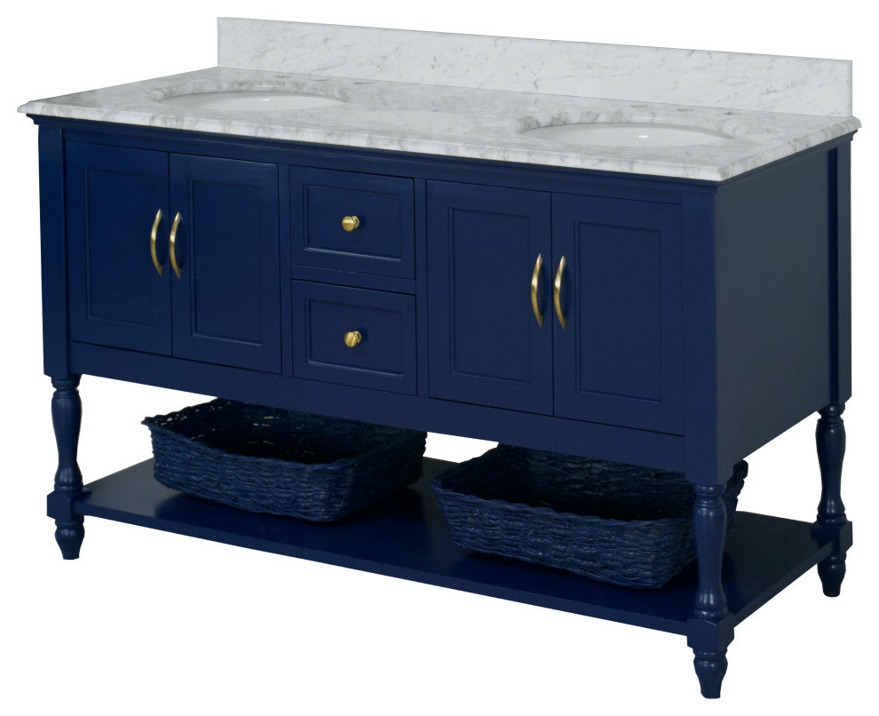 Beverly 60" Bath Vanity, Royal Blue, Carrara Marble, Double Vanity