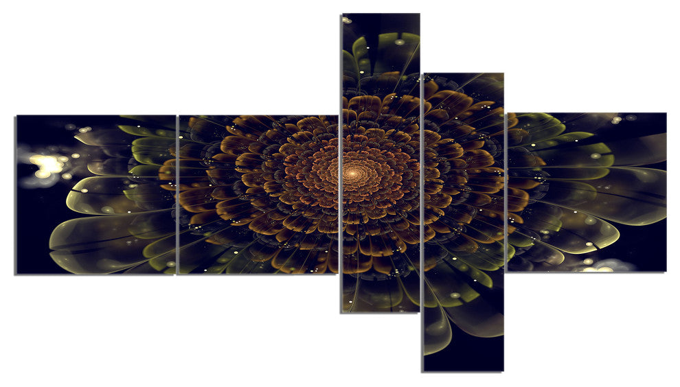 Orange Fractal Flower with Green, Abstract Print On Canvas, 60"x32", 5 panels