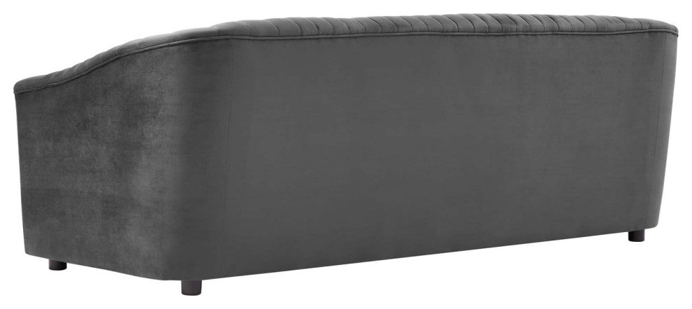 Tufted Sofa, Charcoal Gray, Velvet, Modern, Mid Century Hotel Lounge Cafe
