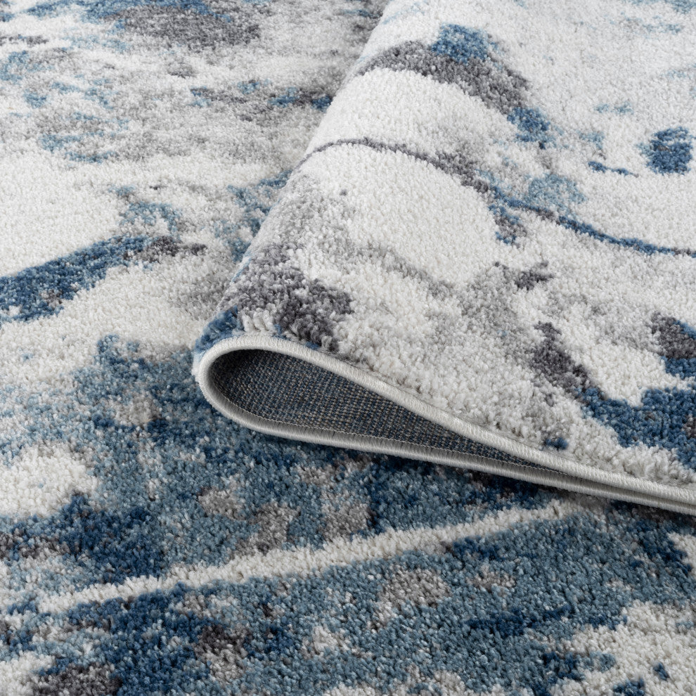 Clifton Abstract Ivory Blue Power-Loom Area Rug 5'3" x 7'6"
