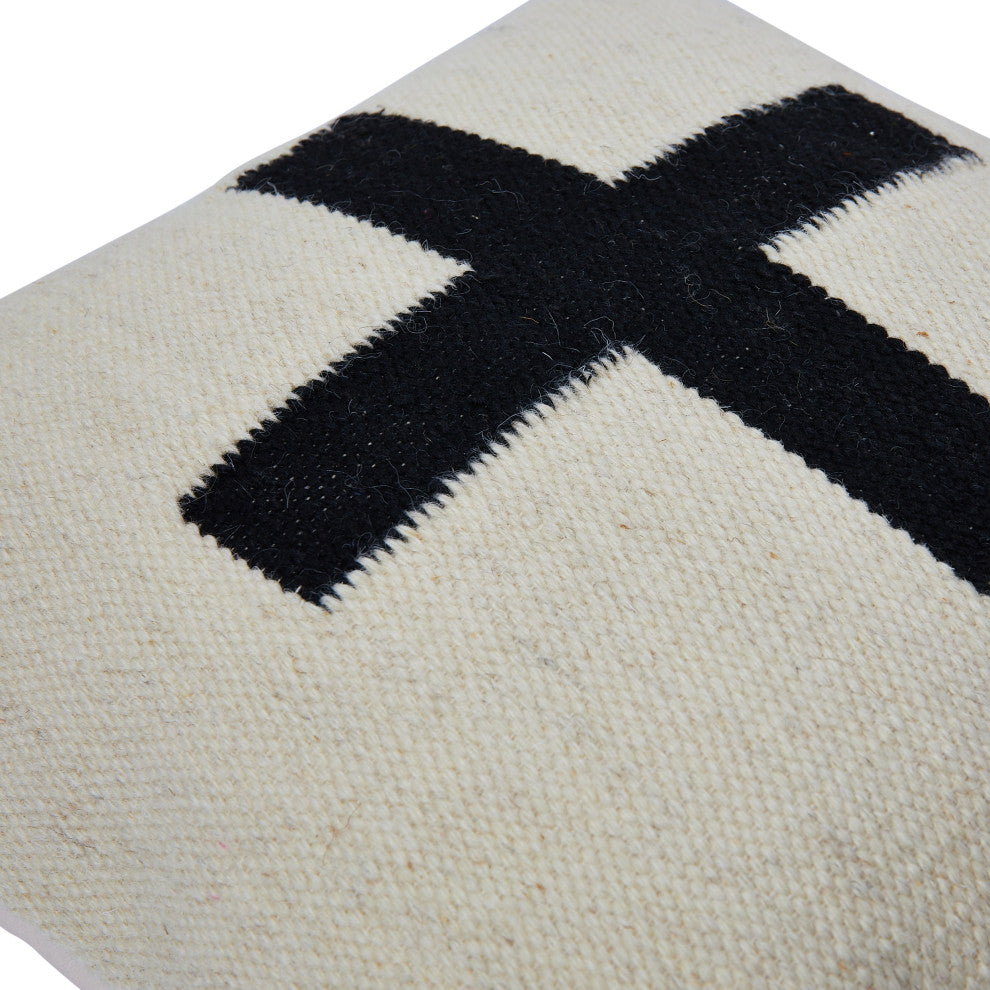 Swiss Cross Cotton Wool Throw Pillow, Black and Natural