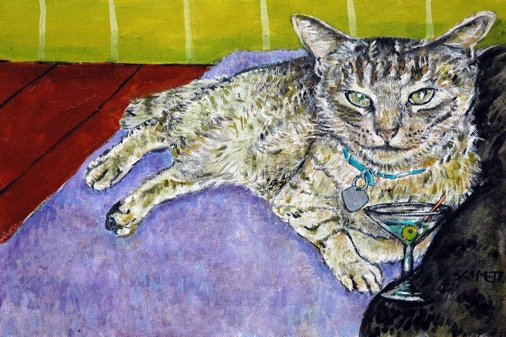"Cat Martini" Painting Print on Wrapped Canvas, 36"x24"