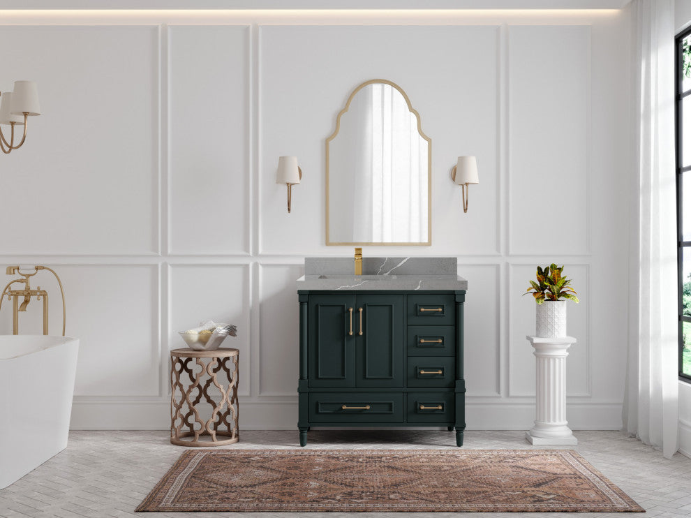 Aberdeen 36 Left Offset Bath Vanity in Dark Forest Green 2" Piatra Gray