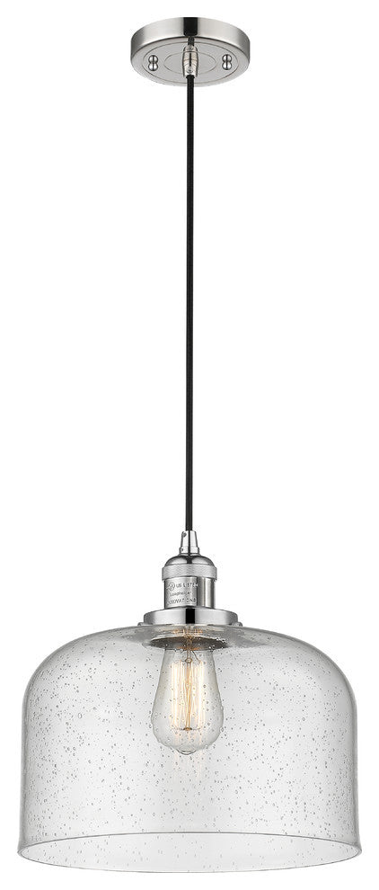 1-Light Large Bell 12" Pendant, Polished Nickel, Glass: Seedy