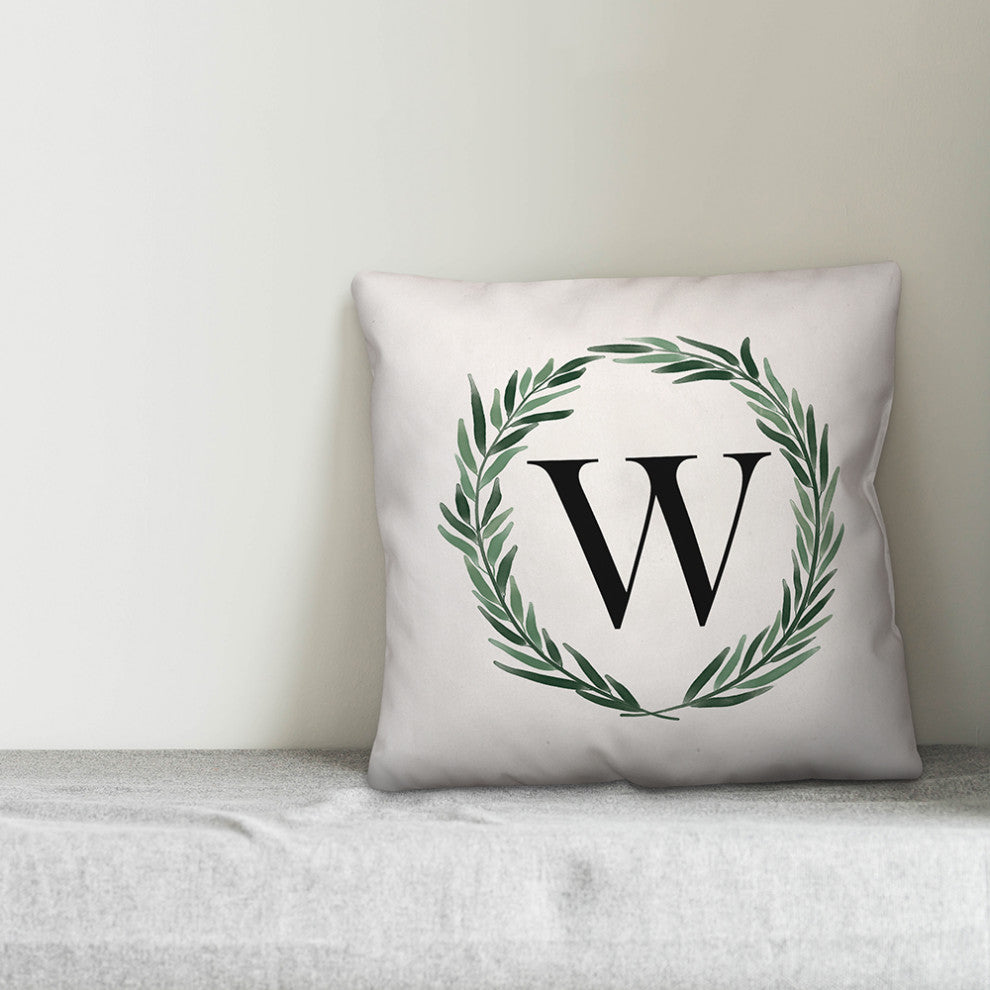 Watercolor Greenery Wreath Monogram - W 18x18 Spun Poly Pillow